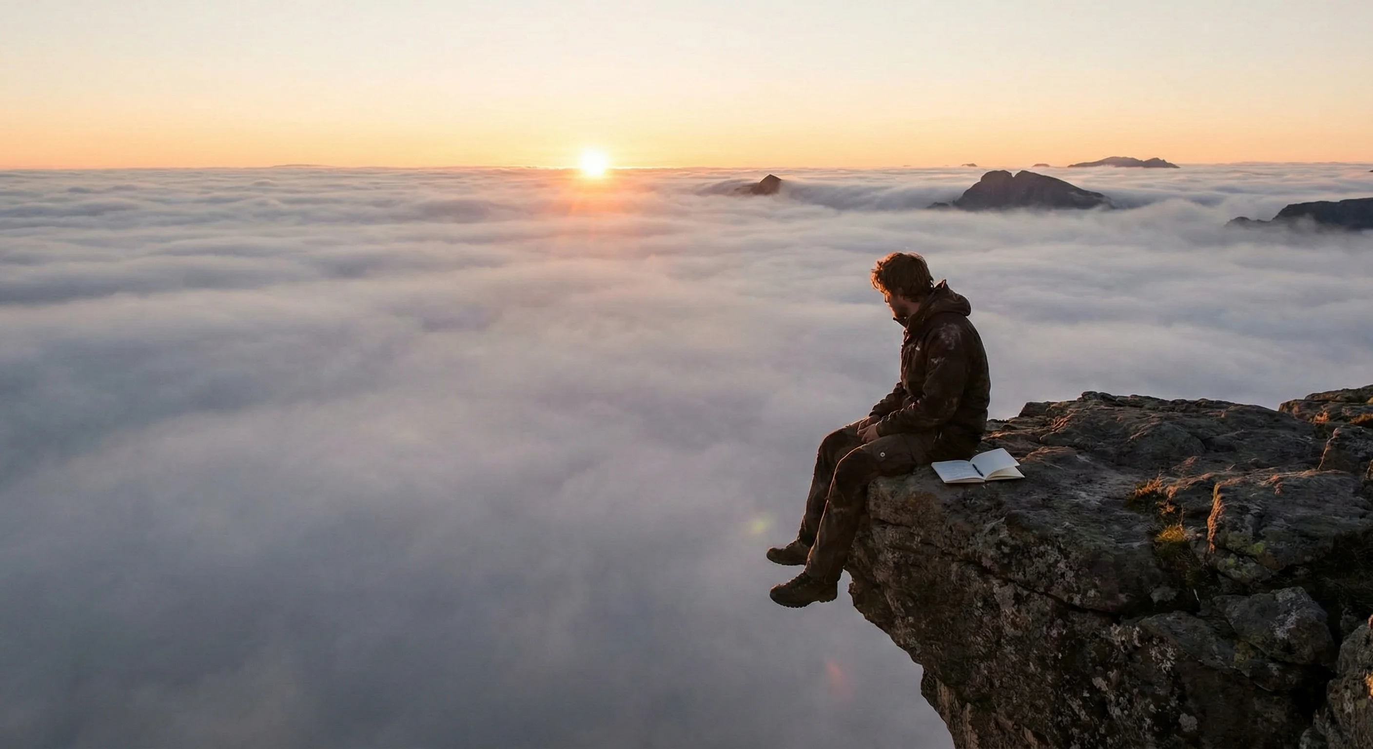 一个人坐在悬崖边缘，脚下是一望无际的平坦云海，只有少数山峰穿透云层迎接日出