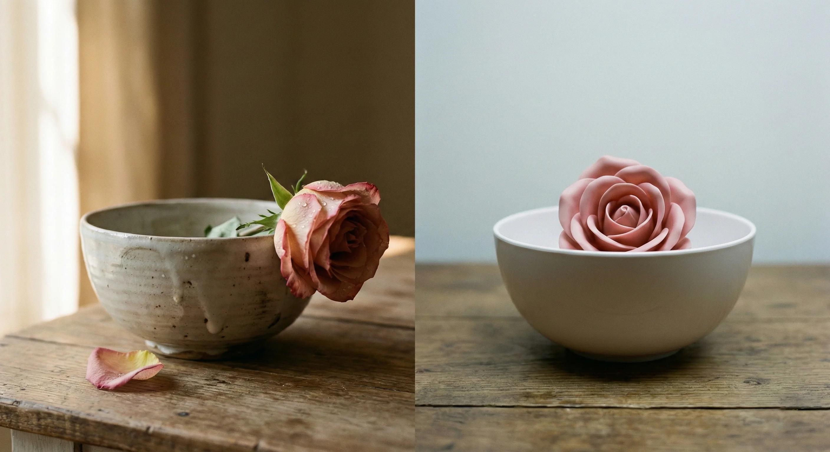 左侧是手工陶碗中带有水滴和落瓣的真花，右侧是完美无瑕但毫无生命力的塑料复制品